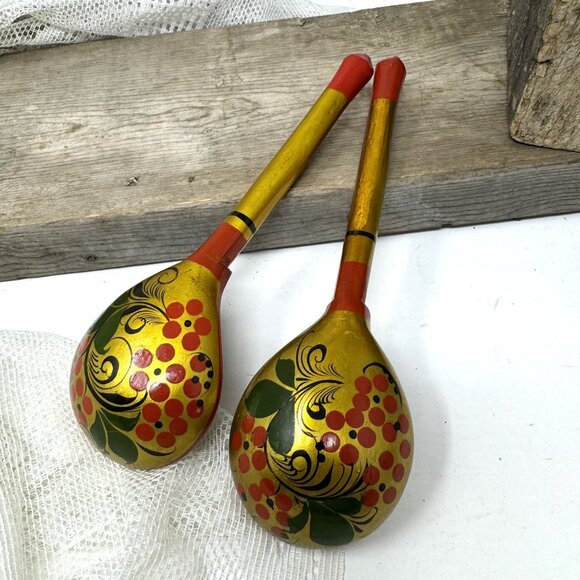 Vintage Khokhloma Hand Painted Spoon Set, Folk Art Wooden Spoons - Picture 3 of 5